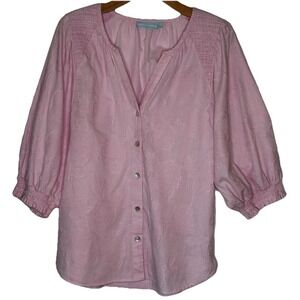 Blue Illusion 3D Floral Pink Blouse Top Med Puff Sleeve Smock Shoulders Romantic